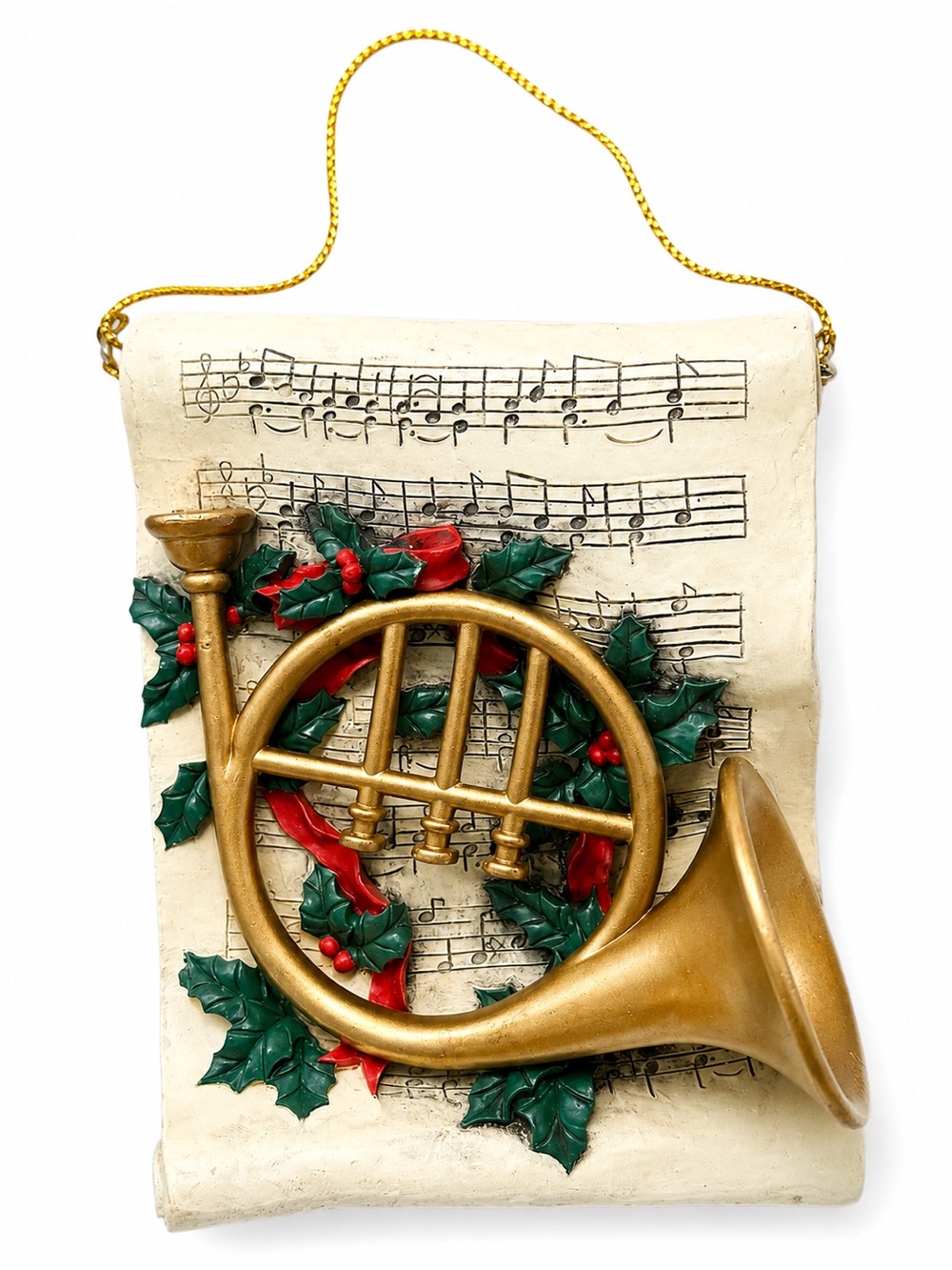Vintage Christmas French Horn Music Sheet Wall Plaque Ornament Holiday Decor